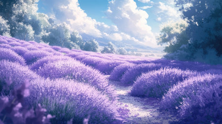 A tranquil lavender field stretches under a bright blue sky, dotted with soft white clouds. This serene landscape captures the beauty of nature and blooming flowers, inviting relaxation and peace.の素材