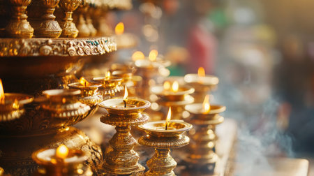 Golden oil lamps stand beautifully arranged, casting a warm glow in a serene setting, perfect for festivals, rituals, and celebrations of spirituality and tradition.の素材