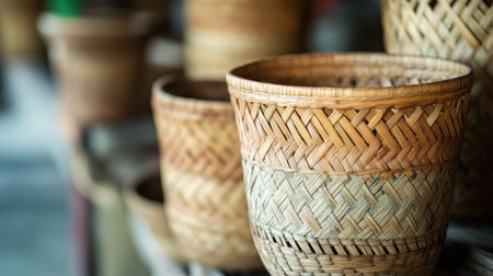Discover a collection of handcrafted bamboo baskets showcasing intricate weaving patterns. These baskets reflect traditional craftsmanship and natural beauty.の素材