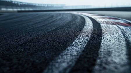 A close-up view of a curved race track surface showcasing the texture and detail of asphalt in soft lighting, emphasizing the dynamic nature of motorsports.の素材