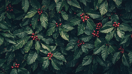 Close-up of lush coffee plant leaves intertwined with ripe red berries, creating a vibrant natural scene ideal for nature and agriculture themes.の素材