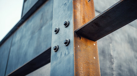 Closeup view of a rusty metal beam featuring bolts and textured steel surfaces, highlighting the intricate details of industrial architecture and design.の素材