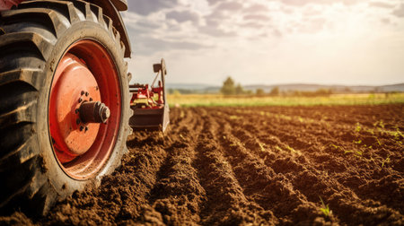 Scenic view of a tractor wheel resting on freshly plowed soil under a sunset sky. This image captures the essence of modern agriculture and rural landscapes.の素材
