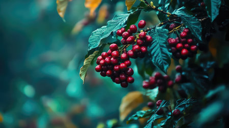 This stunning image showcases vibrant red coffee berries nestled among lush green leaves, capturing the essence of nature bounty and organic beauty in agriculture.の素材