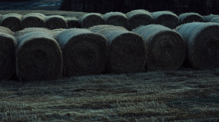 This image captures a peaceful scene of hay bales arranged in a rural landscape at dusk, showcasing the simplicity and beauty of agricultural life.の素材