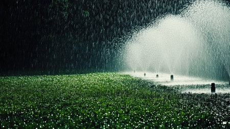A serene scene of sprinklers watering a lush green lawn, capturing the beauty of nature. Water droplets reflect soft light, enhancing the tranquil atmosphere.の素材