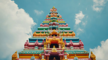 A stunning view of a vibrant and colorful temple tower stretching skyward, surrounded by fluffy clouds. Perfect for showcasing spirituality and culture.の素材