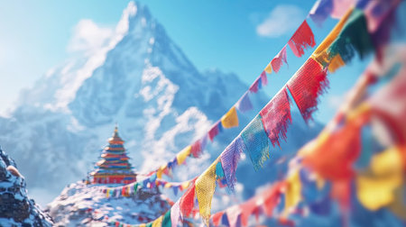 A vibrant display of colorful prayer flags sways in the wind, set against a breathtaking snowy mountain landscape and a traditional temple, evoking peace and spirituality.の素材