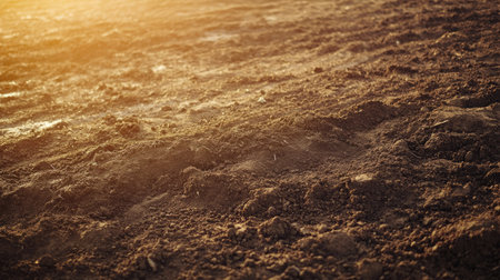 This image captures the rich texture of freshly tilled soil illuminated by the warm glow of sunset, highlighting the organic elements of agricultural land.の素材