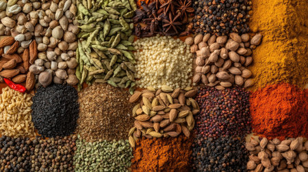 A vibrant flat lay display of various spices and seasonings showcases their rich colors and textures, perfect for culinary enthusiasts and healthy cooking inspiration.の素材