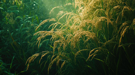This image captures lush green grasses illuminated by soft natural light, showcasing a tranquil landscape at dusk, perfect for themes about nature and serenity.の素材