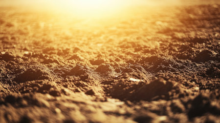 This close-up image showcases earthy soil texture illuminated by bright sunlight, highlighting nature's beauty and the richness of the ground. Perfect for agriculture themes.の素材