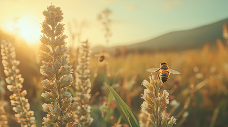 A beautiful scene capturing bees pollinating flowers during golden hour. The warm sunlight enhances the vibrant colors of this tranquil nature setting.の素材