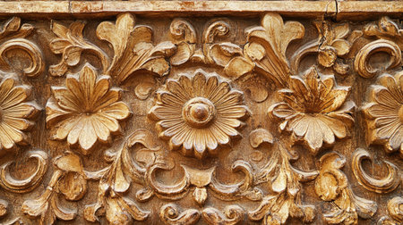 This image showcases an intricate golden floral carving, featuring detailed designs and patterns. Perfect for projects related to art, decor, or craftsmanship.の素材