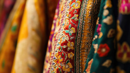 Explore vibrant textiles showcasing intricate embroidery and rich colors, perfect for highlighting the beauty of traditional craftsmanship in fashion and decor.の素材
