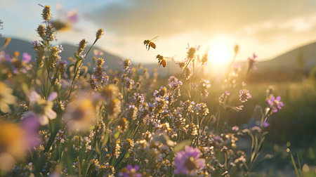 A breathtaking scene of blooming wildflowers at sunset with busy bees. The warm sunlight creates a serene and colorful atmosphere perfect for nature lovers.の素材