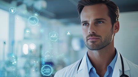 A close-up of a male doctor in a lab coat, showcasing floating health insurance icons, with a sterile hospital background and room for text.の素材