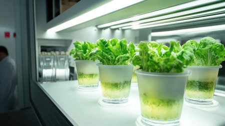 Indoor hydroponic system showcases fresh green lettuce, highlighting innovative farming techniques. Ideal for sustainable food production and healthy eating.の素材