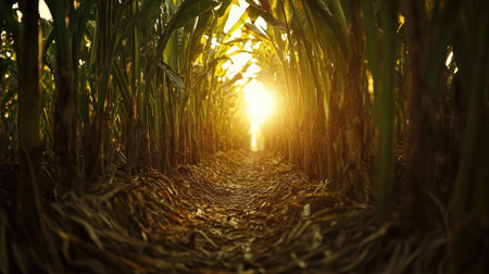 A breathtaking view of golden sunlight filtering through rows of corn, creating a serene atmosphere in a rural field at sunrise, highlighting nature's beauty.の素材