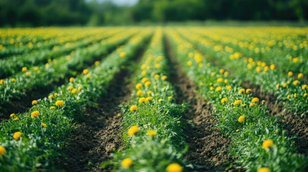 A picturesque scene showcasing vibrant yellow flowers in a freshly tilled field, surrounded by lush greenery, capturing the essence of nature's beauty and tranquility.の素材