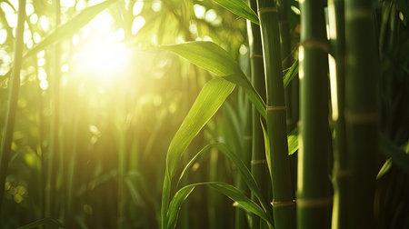 A serene bamboo forest illuminated by soft sunlight, showcasing vibrant green leaves and slender bamboo stalks. Perfect for nature-themed projects.の素材
