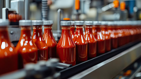 A modern food processing plant with automated machines packaging sauces. No people, copy space.の素材