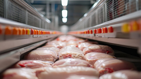 A cooling tunnel filled with packaged chicken products in an automated factory setting. Copy space available.の素材