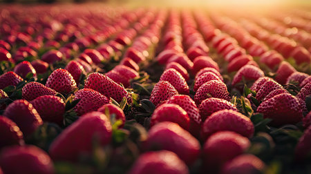 A scenic view of a strawberry field bathed in sunlight, showcasing rows of ripe red berries ready for harvest, symbolizing summer abundance and fresh produce.の素材