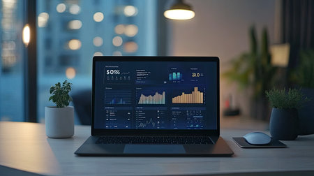 A minimalistic workspace with a laptop displaying a financial dashboard for sales and business growth analysis. Copy space included.の素材