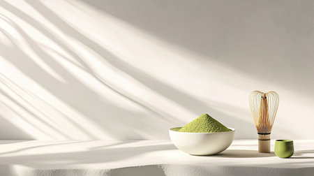 A minimalist setup with a matcha tea bowl, whisk, and vibrant green powder on a neutral background, leaving text space.の素材