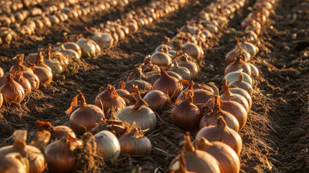 A beautiful view of freshly harvested onions in neat rows, basking in the warm glow of sunset. This image showcases the hard work of farming and the beauty of agricultural landscapes.の素材