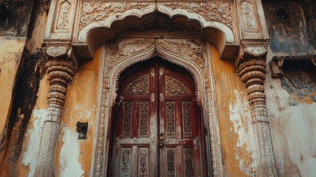 Explore a beautifully crafted wooden doorway adorned with intricate carvings, showcasing the elegance of historic architecture and cultural artistry.の素材