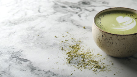 A modern matcha latte in a ceramic cup, placed on a marble table with scattered matcha powder and space for design.の素材