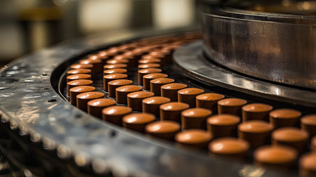 A detailed view of round tablets being sorted on a vibrating metal tray with plenty of copy space.の素材