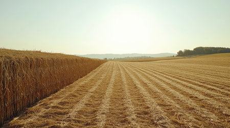 A serene wheat field stretches out under a clear sky, capturing the beauty of agriculture. Distant hills enhance the scenic charm of this rural landscape.の素材