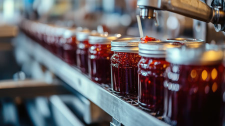 A clean, automated food production line with jars of jams and spreads being sealed. No people, copy space.の素材