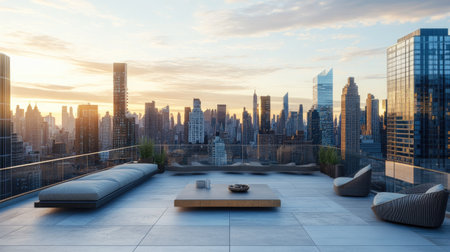 A minimalist rooftop setting overlooking a bustling skyline of skyscrapers, with abundant space for text or branding.の素材
