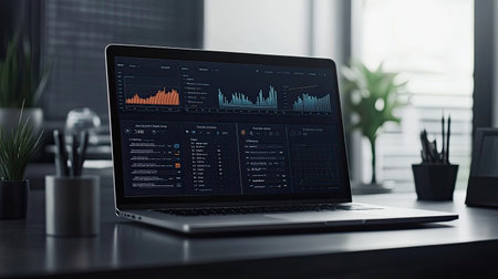 A sleek laptop displaying a financial management dashboard with sales data and growth graphs, set on a clean desk. Copy space available.の素材