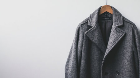 A stylish pea coat positioned neatly on a white table with ample space around it for design or marketing text.の素材