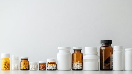 A variety of vitamin bottles neatly arranged on a white surface with copy space for text.の素材