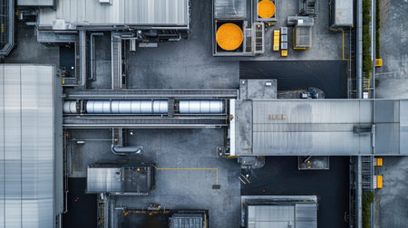 An overhead view of a modern chicken processing plant with conveyor systems and stainless steel equipment.の素材