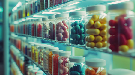 A view of automated capsule sorting systems in a supplement factory, with clean lines and space for text.の素材