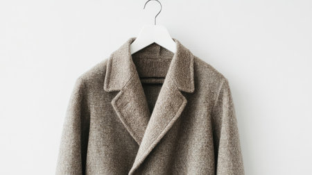 A wool overcoat draped on a white hanger, set against a clean white background with space for text or branding.の素材