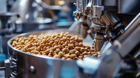 An industrial food mixer processing ingredients for packaged snacks. No people, copy space.の素材