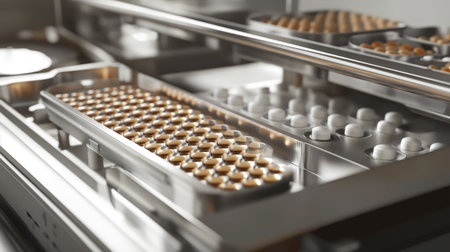 Industrial-grade tablet manufacturing equipment with open containers of pills, leaving room for text.の素材
