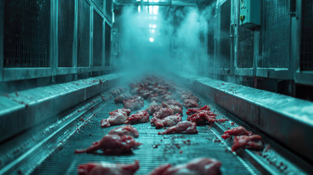 Conveyor belts with raw chicken pieces moving through an automated processing line in a sterile factory. Copy space available.の素材