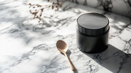 Collagen powder jar and spoon on a marble surface with soft shadows and plenty of room for copy space.の素材