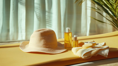 A young woman hat, towel, and facial care kit arranged on a bright sun lounger, leaving plenty of copy space for marketing. 9の素材
