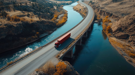 Aerial shot of semi-trucks driving along a scenic bridge road over a shimmering river with open sky for copy space.の素材