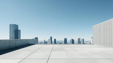 An urban rooftop landscape showcasing distant skyscrapers under a clear blue sky, leaving room for copy space.の素材